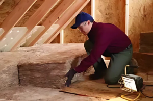 Worker installing insulation inside an attic