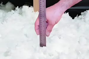 Closeup of hand using a ruler to measure the height of insulation in an attic floor.